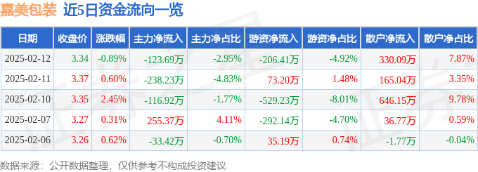 嘉美包装（002969）2月12日主力资金净卖出12369万元(图1)